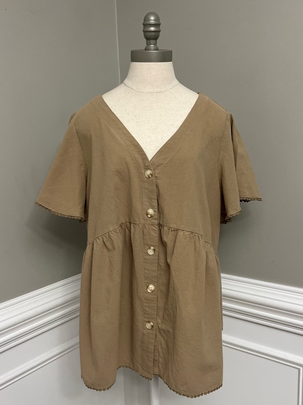 Women's V-Neck Button Front Babydoll Top - Tan